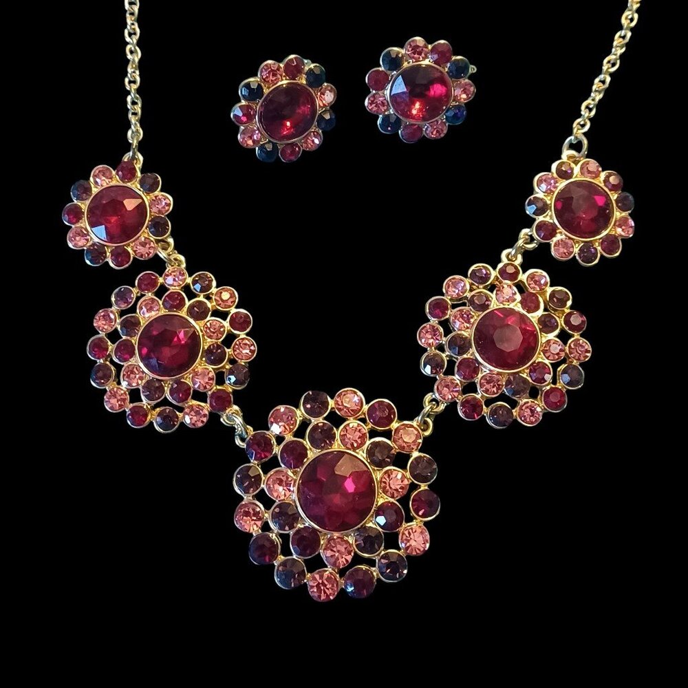 VTG Liz Claiborne Necklace Earrings Set Womens Red Maroon 3D Flower Design